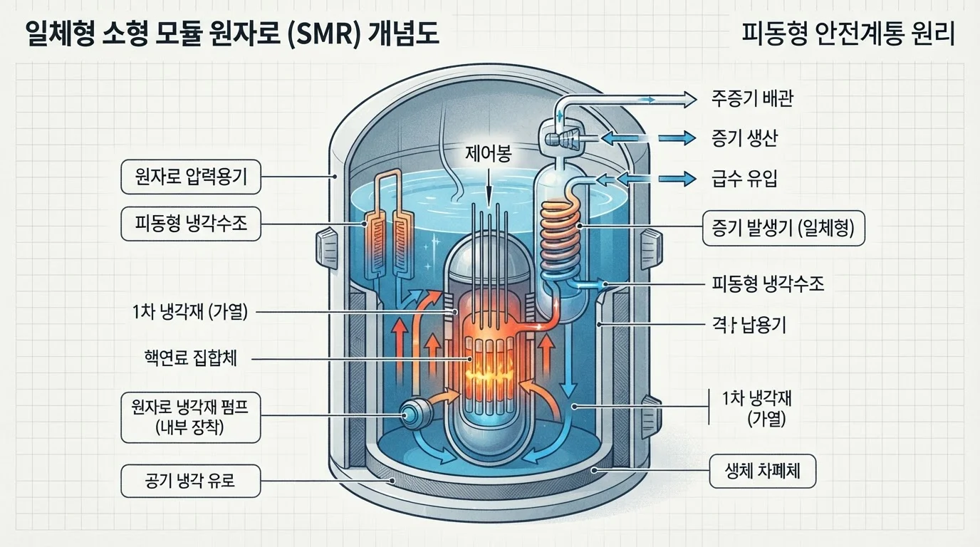 소형 모듈 원자로 원리와 장단점 분석: 글로벌 개발 현황과 시장 전망 2 소형 모듈 원자로 원리 및 일체형 피동형 냉각 계통 개념도