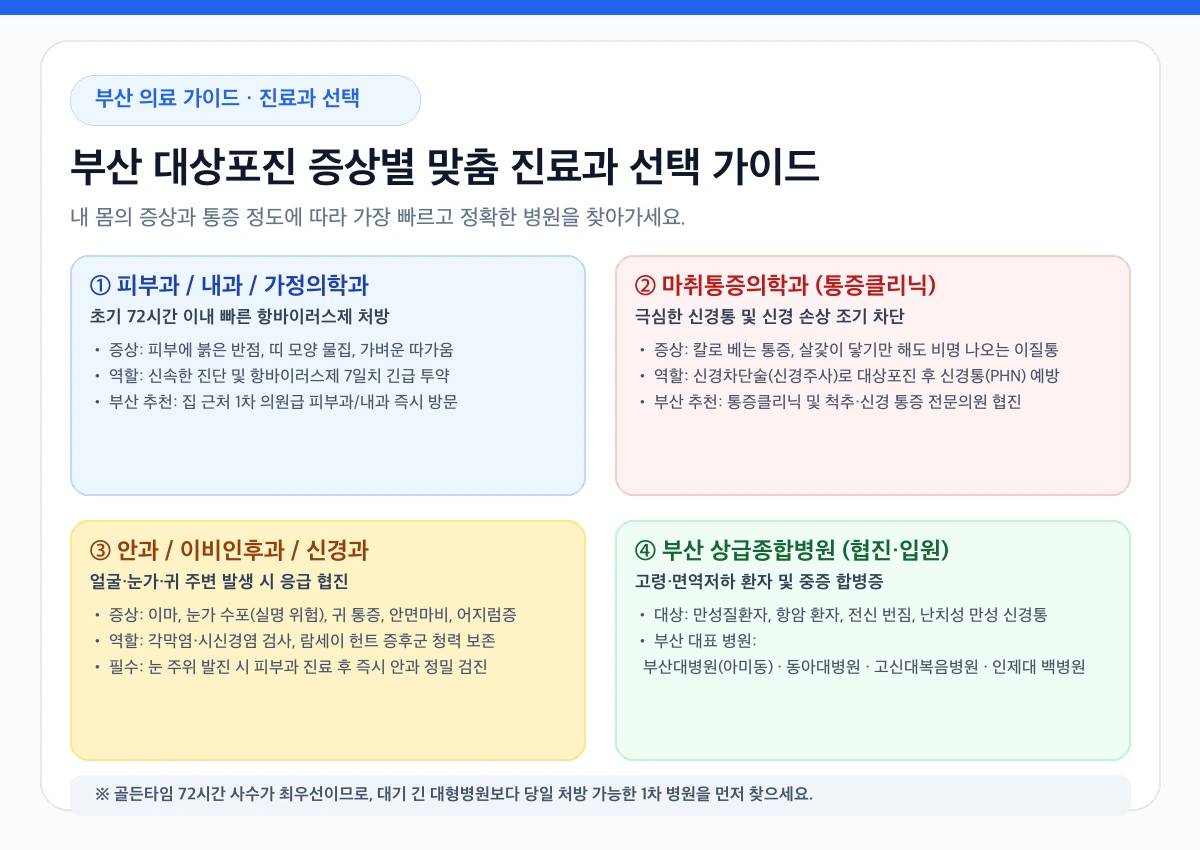 부산 대상포진 증상별 맞춤 진료과 선택 가이드 인포그래픽