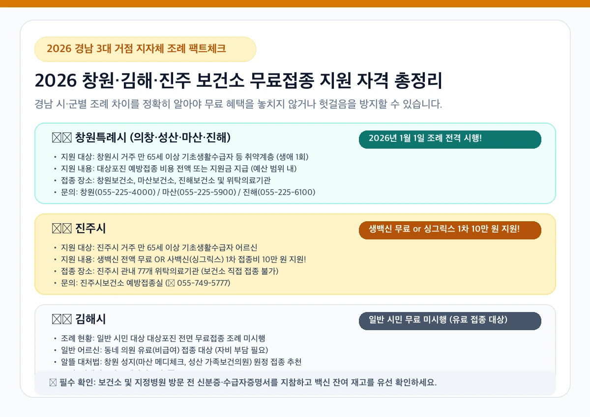 2026 창원 김해 진주 보건소 무료접종 조례 비교 인포그래픽