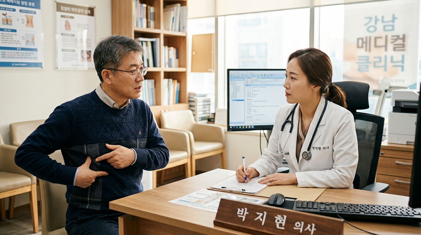 대구 진료실에서 전문의가 환자의 신경통 및 발진 부위를 상담하는 장면