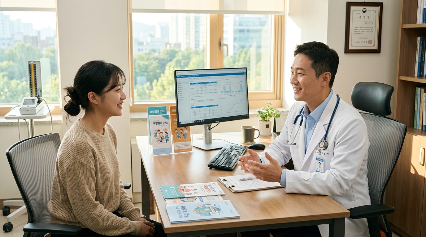 2026 가다실 9가 가격 비교 & 40만 원대 최저가 성지(메디체크·가족보건의원) 완벽 가이드|남녀 필수성·접종간격·실비 팩트체크 2 전문의가 환자에게 가다실 9가 접종 계획과 백신 효과를 상담하는 장면
