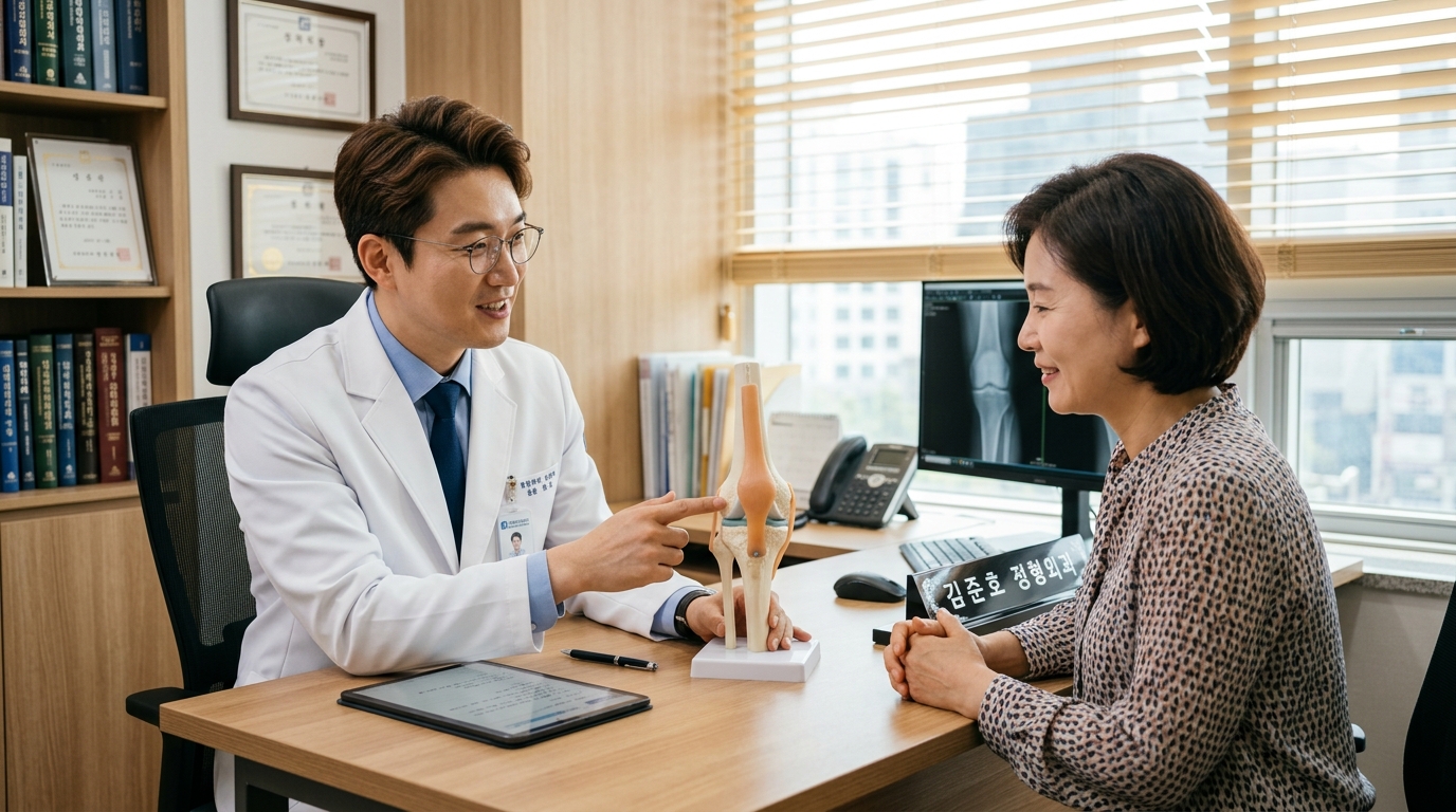2026 무릎 연골주사 종류별 비용 & 콘쥬란·히알루론산 건강보험 급여 기준·실비 청구 총정리 2 정형외과 전문의가 환자에게 무릎 관절 모형을 보여주며 연골주사 치료를 상세히 설명하는 모습