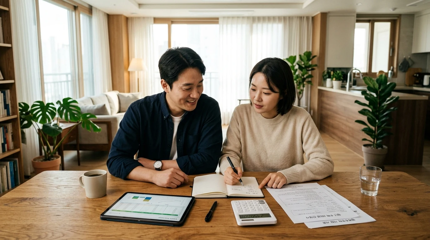 부부가 거실 식탁에서 태블릿과 가계부를 보며 가계 소득과 복지 기준을 차분히 계산하는 모습