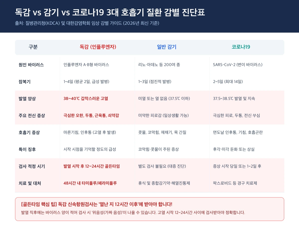 독감 vs 감기 vs 코로나19 3대 호흡기 질환 감별 진단표