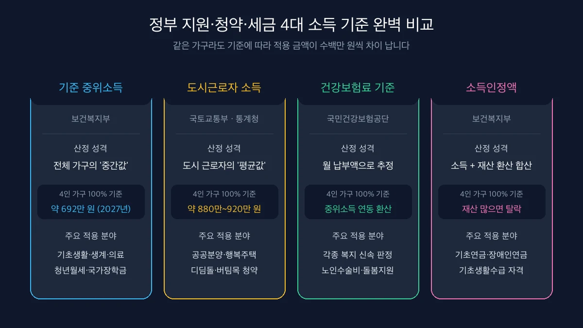 정부 지원 청약 세금 4대 소득 기준 완벽 비교 인포그래픽 - 기준중위소득, 도시근로자, 건강보험료, 소득인정액