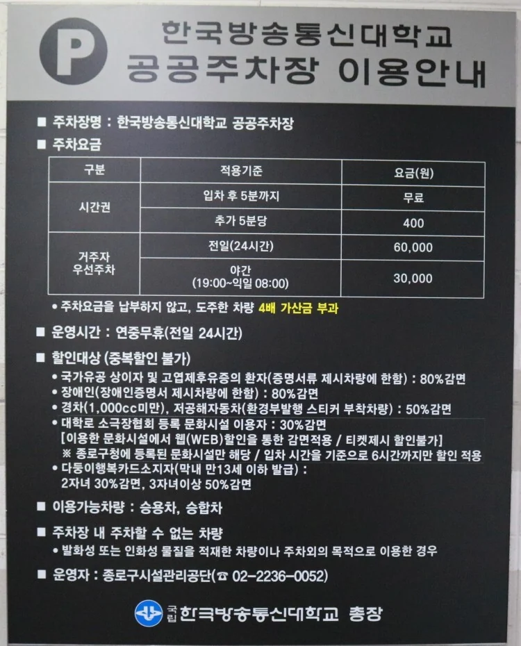 한국방송통신대학교 공공주차장 이용안내판 요금과 할인 기준 2023년 촬영