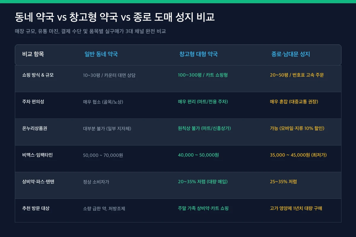 일반 동네 약국 vs 창고형 약국 vs 종로 성지 3대 채널 비교표
