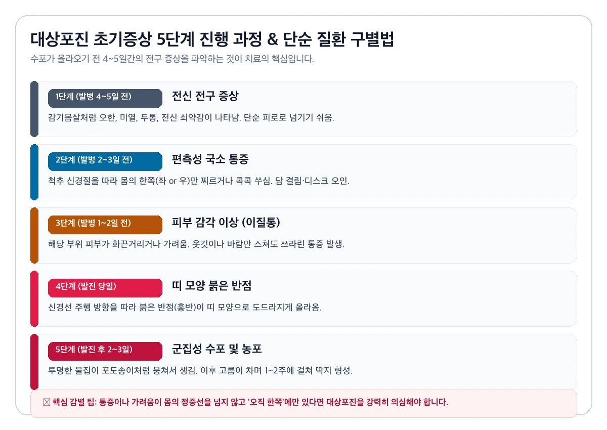 2026 대상포진 초기증상 5가지와 골든타임 72시간 (가려움·수포 구별법 · 전염성 팩트 · 항바이러스제 처방) 3 대상포진 초기증상 5단계 진행 과정 인포그래픽