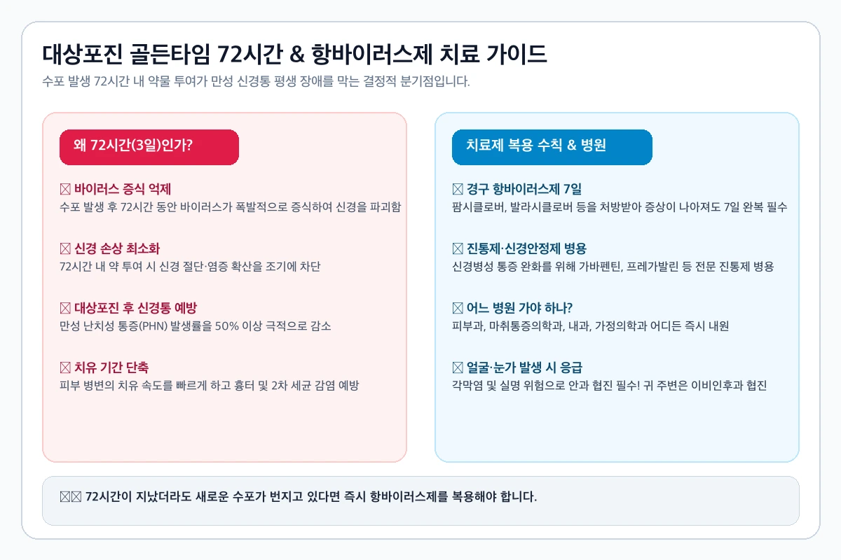 2026 대상포진 초기증상 5가지와 골든타임 72시간 (가려움·수포 구별법 · 전염성 팩트 · 항바이러스제 처방) 4 대상포진 골든타임 72시간 및 항바이러스제 복용 가이드 인포그래픽
