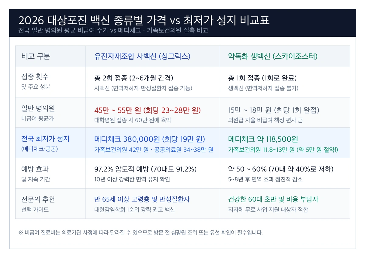 2026 대상포진 백신 종류별 가격 vs 최저가 성지 비교표