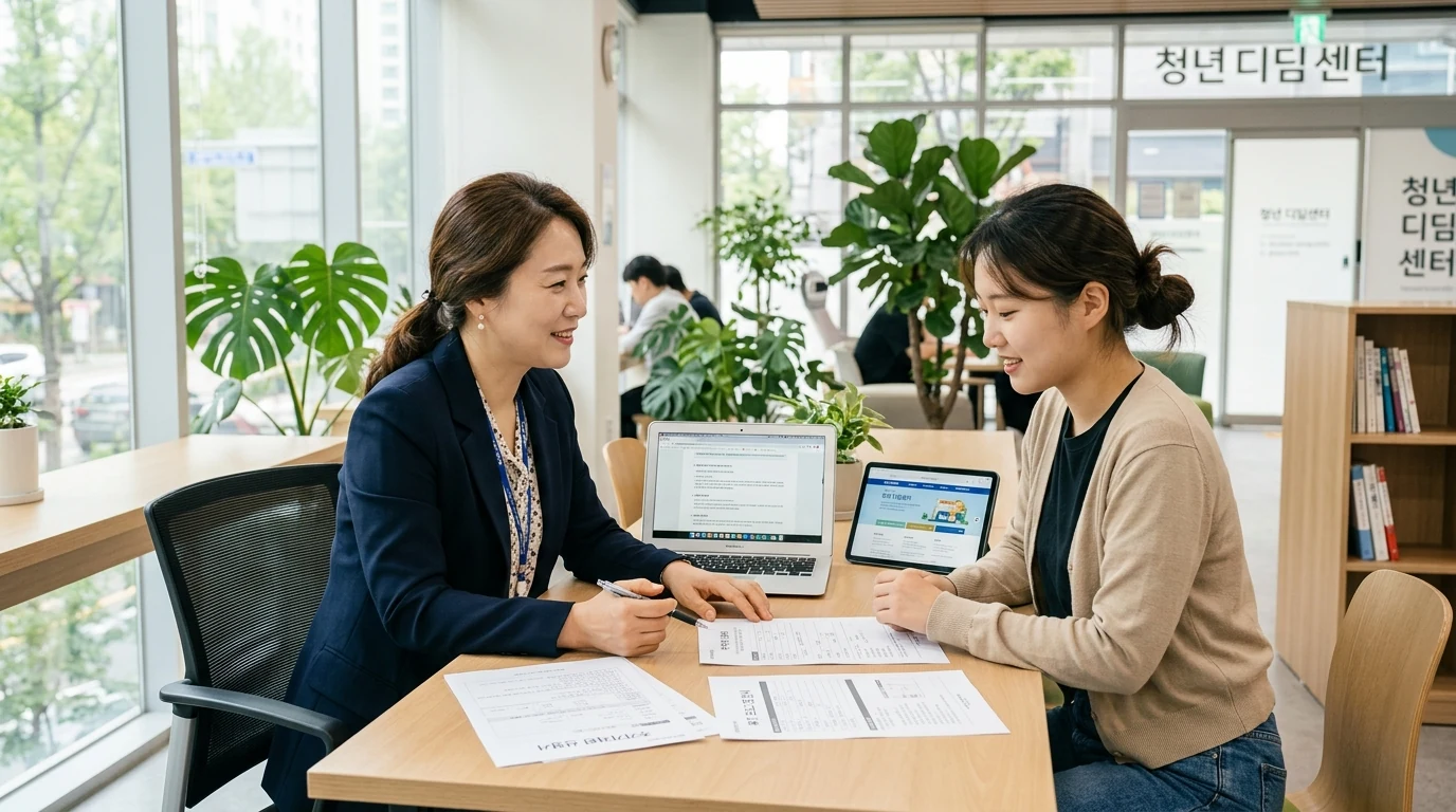 2027 기준중위소득 100% & 120% 가구별 금액 총정리|청년월세(60%·100%)·청년내일저축·청년수당 정부 지원 혜택 4 청년센터 복지 상담 창구 모습